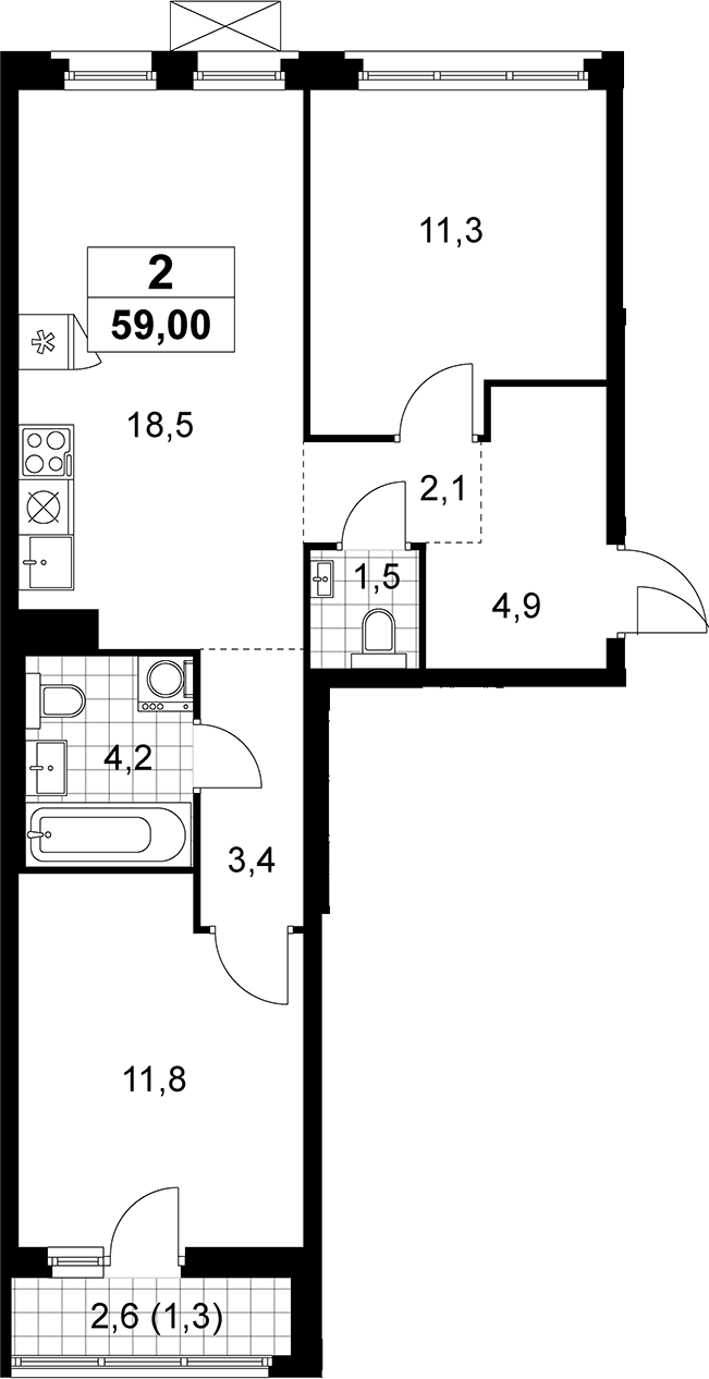 3-комн., 57.7 м², 6/14 этаж, ЖК «Прокшино»