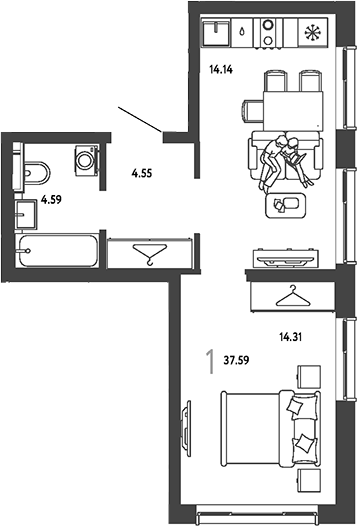 1-комн., 37.59 м², 13/19 этаж, ЖК «Страна.Парковая»