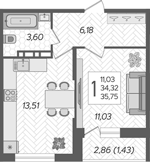 1-комн. квартира, 34.32 м² в ЖК Смородина — фото 2