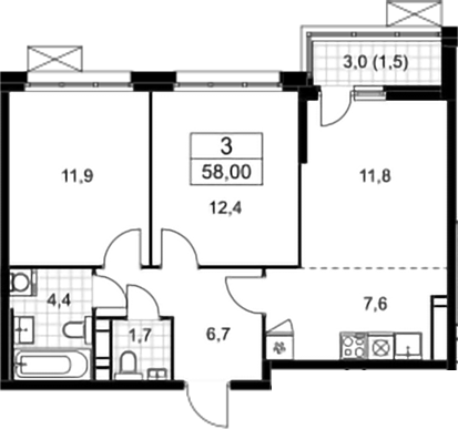 3-комн., 56.5 м², 13/14 этаж, ЖК «Скандинавия»