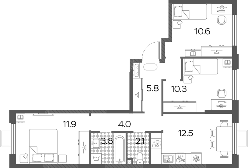 3-комн., 60.8 м², 15/15 этаж, ЖК «Лучи»