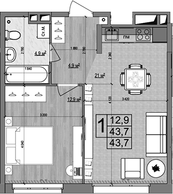 2-комн., 43.7 м², 2/18 этаж, ЖК «Гранд Комфорт»