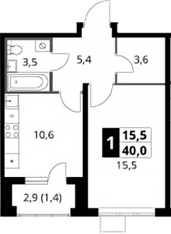 1-комн., 38.6 м², 11/24 этаж, ЖК «1-й Донской»