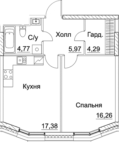 1-комн., 48.67 м², 4/16 этаж, ЖК «СЕЗАР СИТИ»