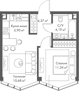 2-комн., 36.48 м², 16/24 этаж, ЖК «МИРА»