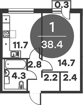 1-комн., 38.1 м², 6/6 этаж, ЖК «Равновесие»