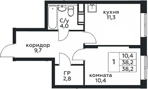 1-комн., 38.2 м², 16/16 этаж, ЖК «Цветочные Поляны»