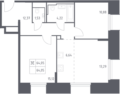 3-комн., 64.05 м², 24/30 этаж, ЖК «Скай Спутник»