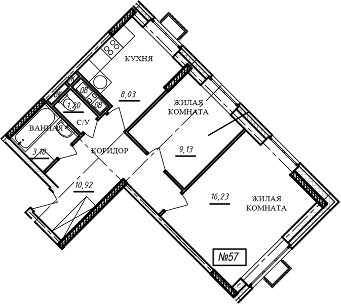 2-комн., 48.7 м², 13/16 этаж, ЖК «Краснофлотский»
