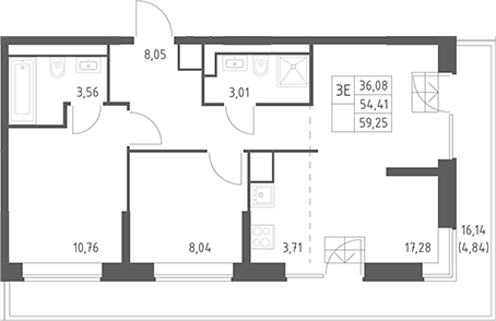 3-комн., 54.41 м², 6/14 этаж, ЖК «Верейская 41»