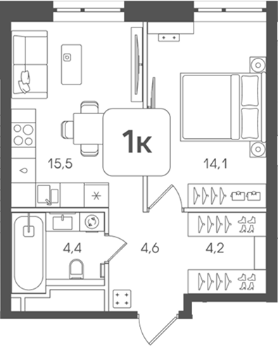 1-комн., 42.8 м², 24/24 этаж, ЖК «Мангазея на Речном»