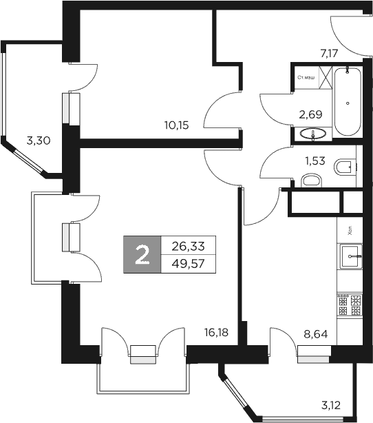 2-комн., 46.36 м², 17/17 этаж, ЖК «Восток 2»