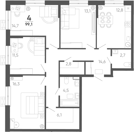 4-комн. квартира, 99.1 м² в ЖК Барса — фото 2