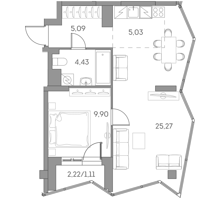 2-комн., 49.72 м², 27/28 этаж, ЖК «Аквилон БИСАЙД 2.0»