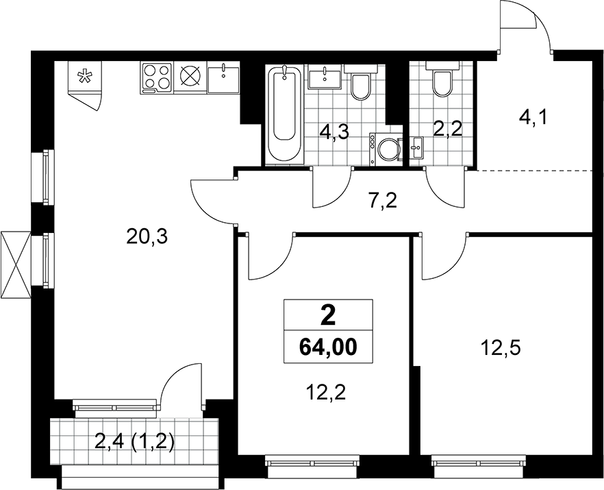 3-комн., 62.8 м², 15/15 этаж, ЖК «Прокшино»