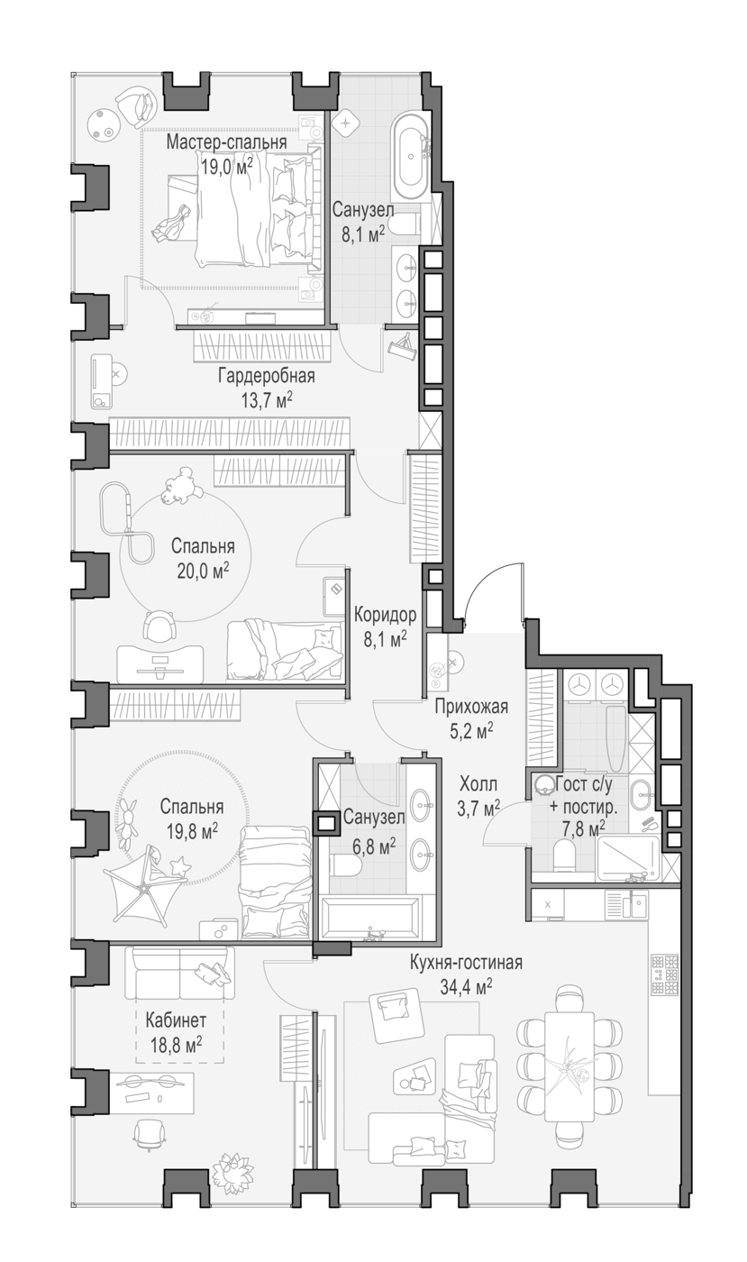 4+ комнаты, 165.4 м², 18/23 этаж, ЖК «Квартал Life Time»