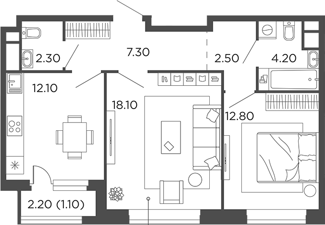 2-комн., 59.3 м², 12/12 этаж, ЖК «Филатов Луг»