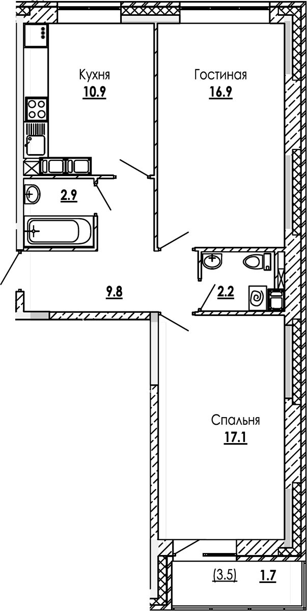 2-комн., 59.8 м², 10/12 этаж, ЖК «Малиново»