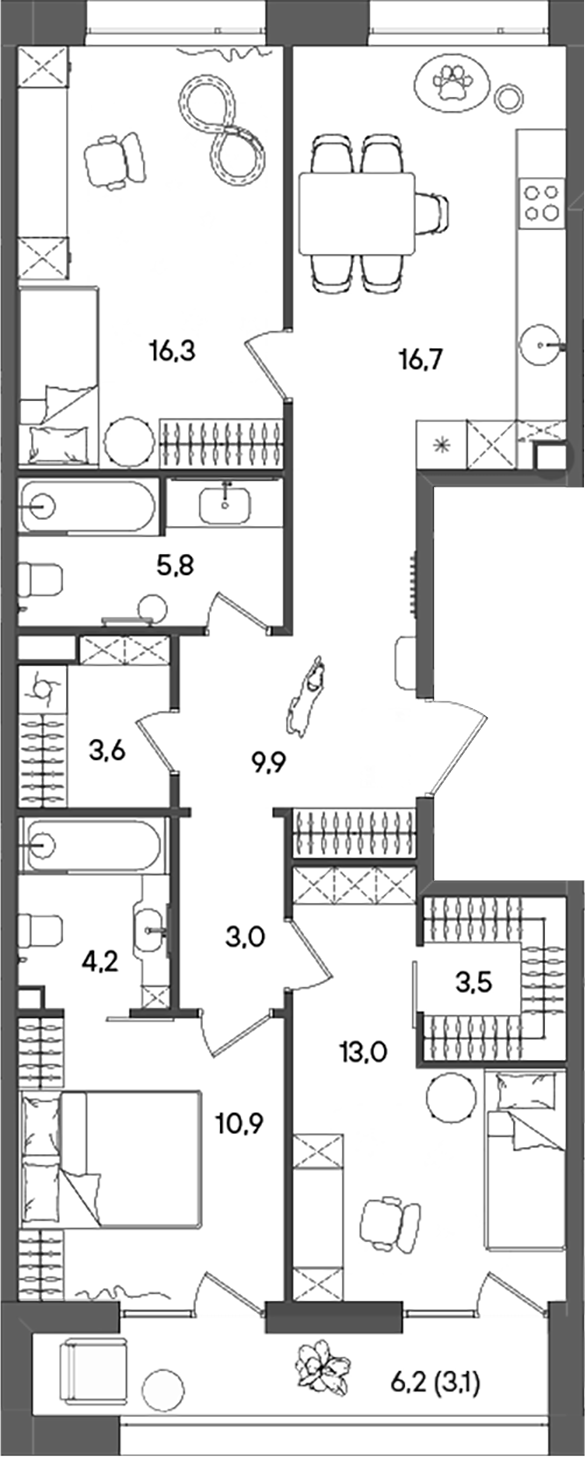 4+ комнаты, 86.9 м², 12/14 этаж, ЖК «СТОУН Райз»