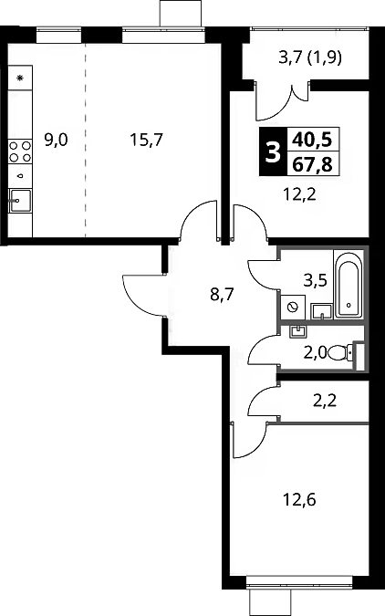3-комн., 65.9 м², 8/16 этаж, ЖК «1-й Шереметьевский»