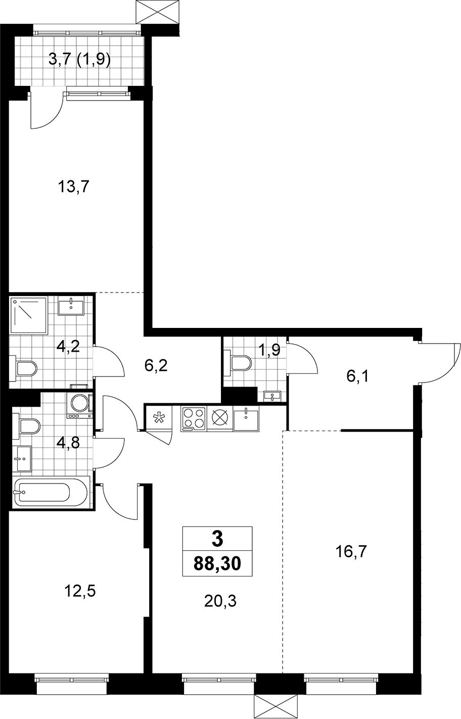 3-комн., 86.4 м², 6/8 этаж, ЖК «Дзен-кварталы»