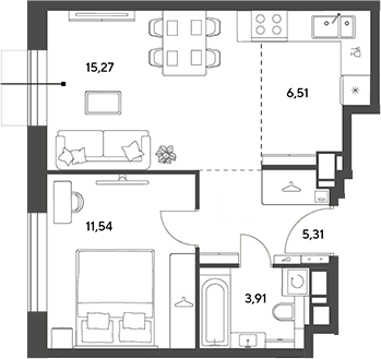 2-комн., 42.54 м², 6/15 этаж, ЖК «Публицист»