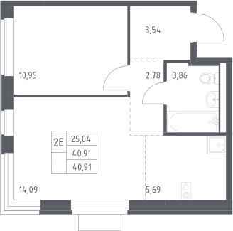 2-комн., 40.91 м², 16/17 этаж, ЖК «Новое Видное»