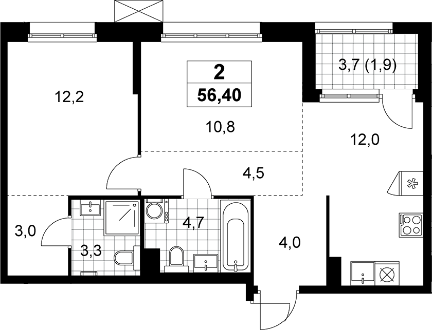 2-комн., 54.5 м², 5/8 этаж, ЖК «Дзен-кварталы»