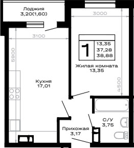 1-комн., 37.28 м², 12/16 этаж, ЖК «Горные высоты»