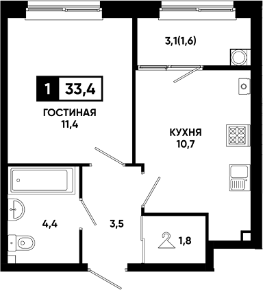 1-комн., 31.8 м², 1/13 этаж, ЖК «Резиденция Софи»
