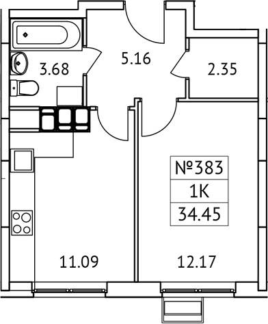 1-комн., 34.45 м², 15/17 этаж, ЖК «Новотомилино»