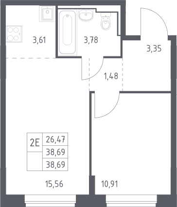 2-комн., 38.69 м², 3/12 этаж, ЖК «Богдановский лес»