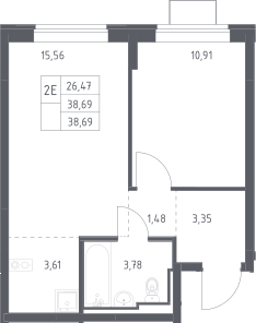 2-комн., 38.69 м², 3/12 этаж, ЖК «Богдановский лес»