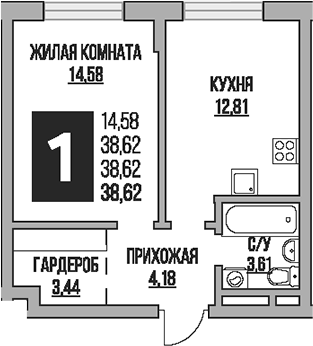 1-комн., 38.62 м², 7/8 этаж, ЖК «Гранель Живописный»