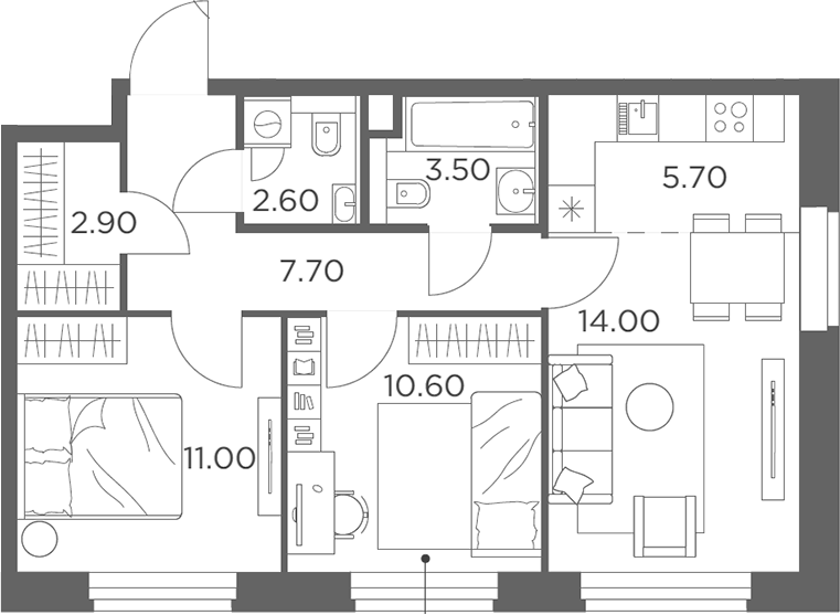 3-комн., 58 м², 18/20 этаж, ЖК «Белый Град»