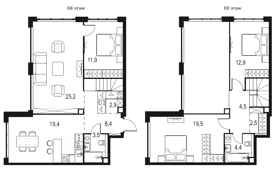 4+ комнаты, 117.4 м², 68/69 этаж, ЖК «Левел Южнопортовая»