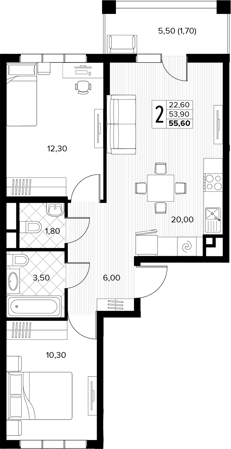 2-комн. квартира, 53.9 м² в ЖК Кипарис — фото 2