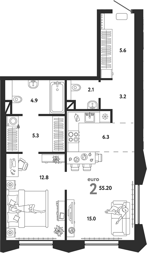 2-комн., 55.2 м², 9/9 этаж, ЖК «Страна.Озерная»