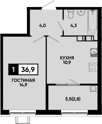 1-комн., 34.1 м², 4/14 этаж, ЖК «Квартал на курорте Моя Легенда»