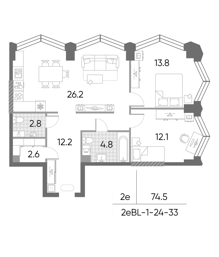 3-комн., 74.5 м², 27/43 этаж, ЖК «ЗилАрт»