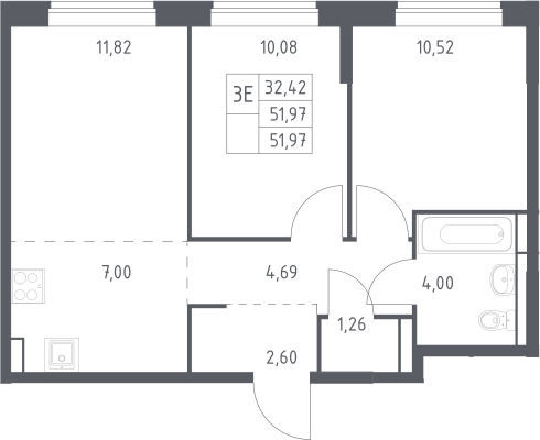 3-комн., 51.97 м², 5/12 этаж, ЖК «Богдановский лес»