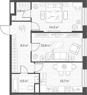 2-комн., 57.6 м², 2/12 этаж, ЖК «Аристов Берег»