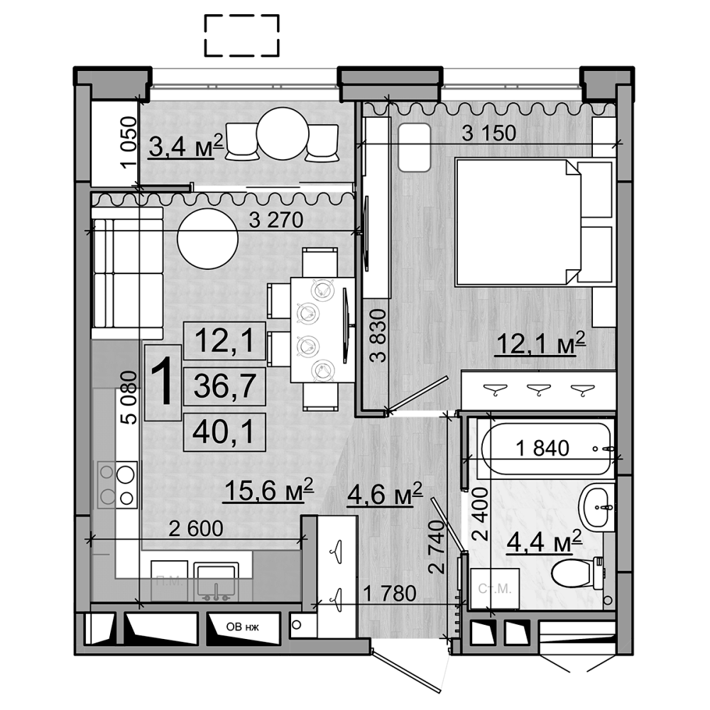 2-комн., 36.7 м², 17/18 этаж, ЖК «Гранд Комфорт»
