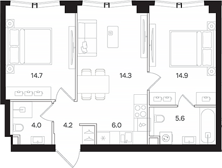 3-комн., 63.7 м², 37/42 этаж, ЖК «АУРА»