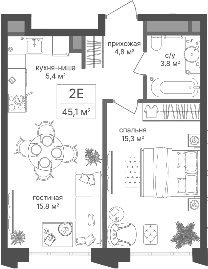 2-комн., 45.1 м², 20/20 этаж, ЖК «Михалковский»