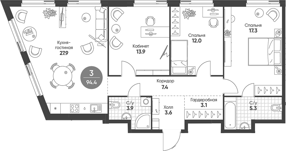 4+ комнаты, 94.4 м², 8/9 этаж, ЖК «Шагал»