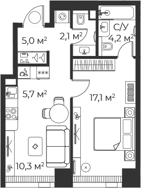 2-комн., 44.4 м², 6/71 этаж, ЖК «Веер»