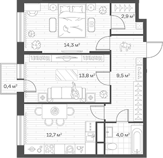 2-комн., 57.2 м², 11/12 этаж, ЖК «Аристов Берег»