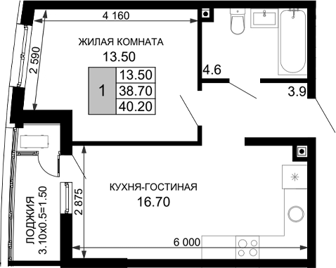 2-комн. квартира, 38.7 м² в ЖК Фонтаны — фото 2