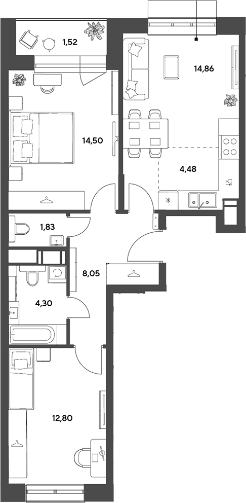 3-комн., 60.82 м², 10/15 этаж, ЖК «Публицист»